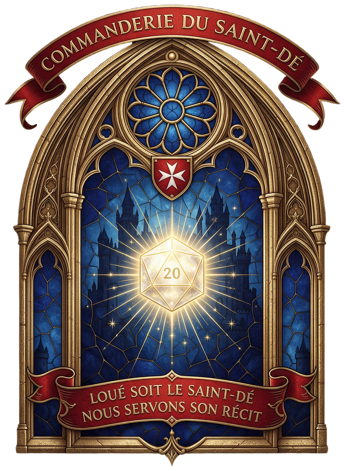 Blason de la Commanderie du Saint-Dé : un dé à vingt faces rayonnant dans une arche gothique, devise « Loué soit le Saint-Dé, nous servons son récit »